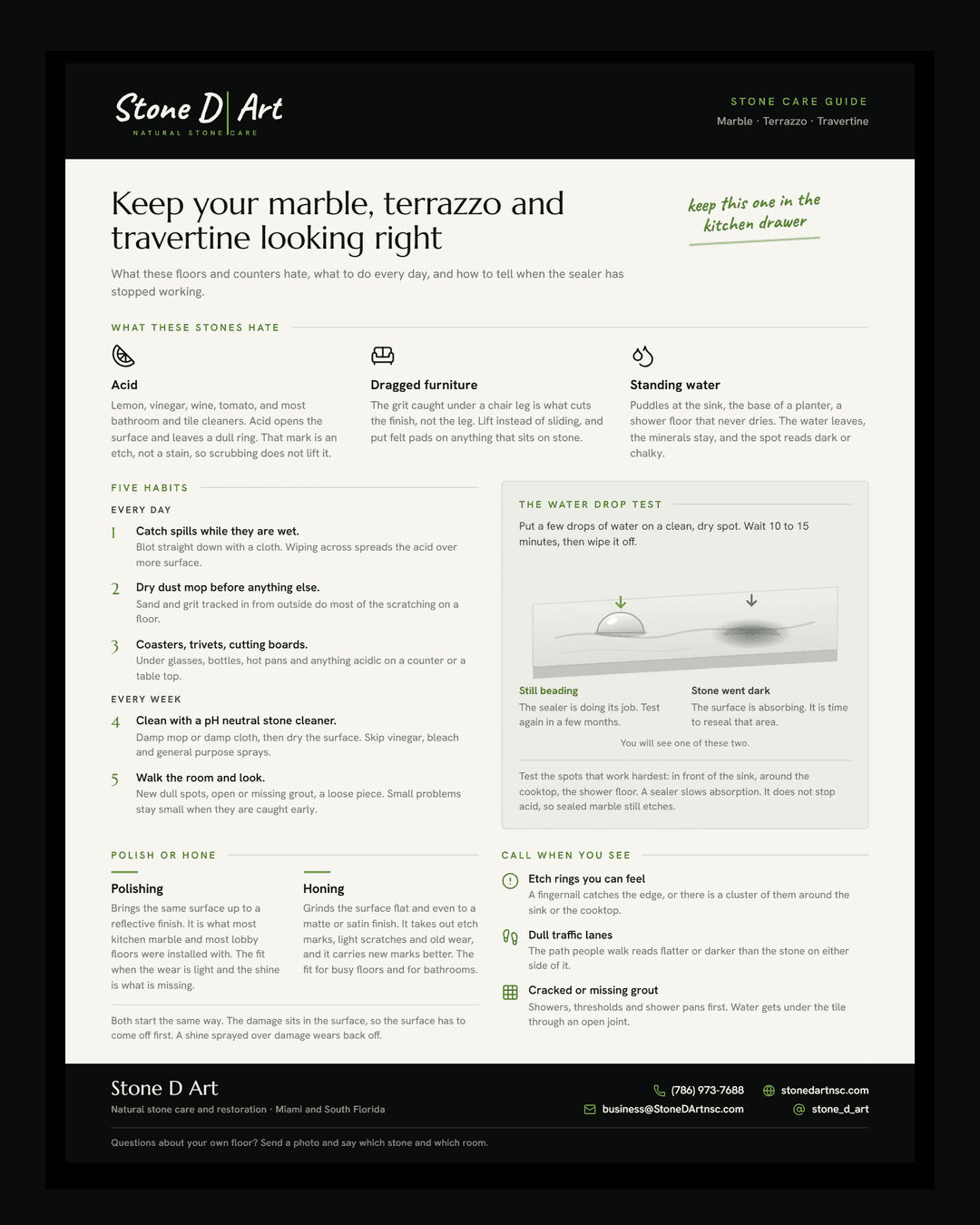 Preview of the Stone D Art one page stone care guide for marble, terrazzo and travertine